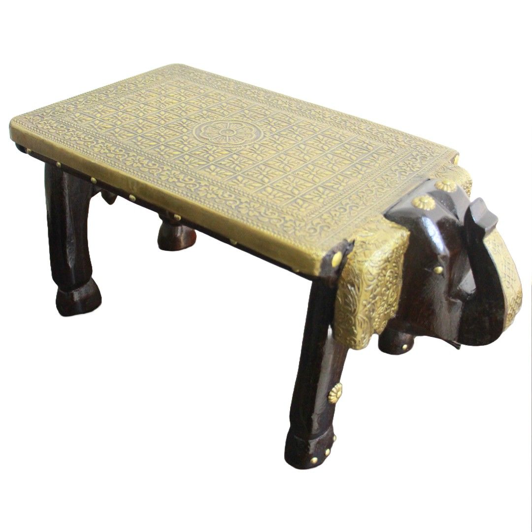 Elephant Shape Hand Carved Brass Wooden Coffee Table Size 8 inches